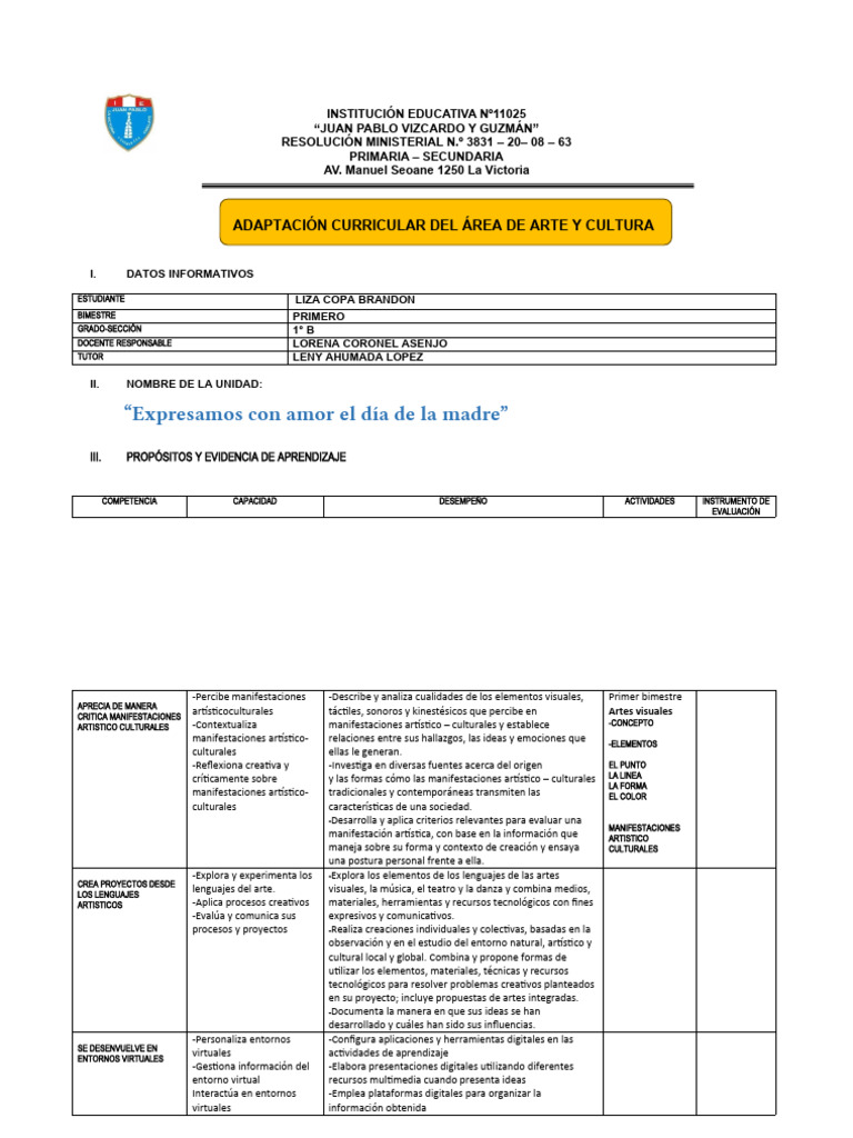 ADAPTACIÓN CURRICULAR DEL ÁREA DE Arte y Cultura | PDF | Aprendizaje ...