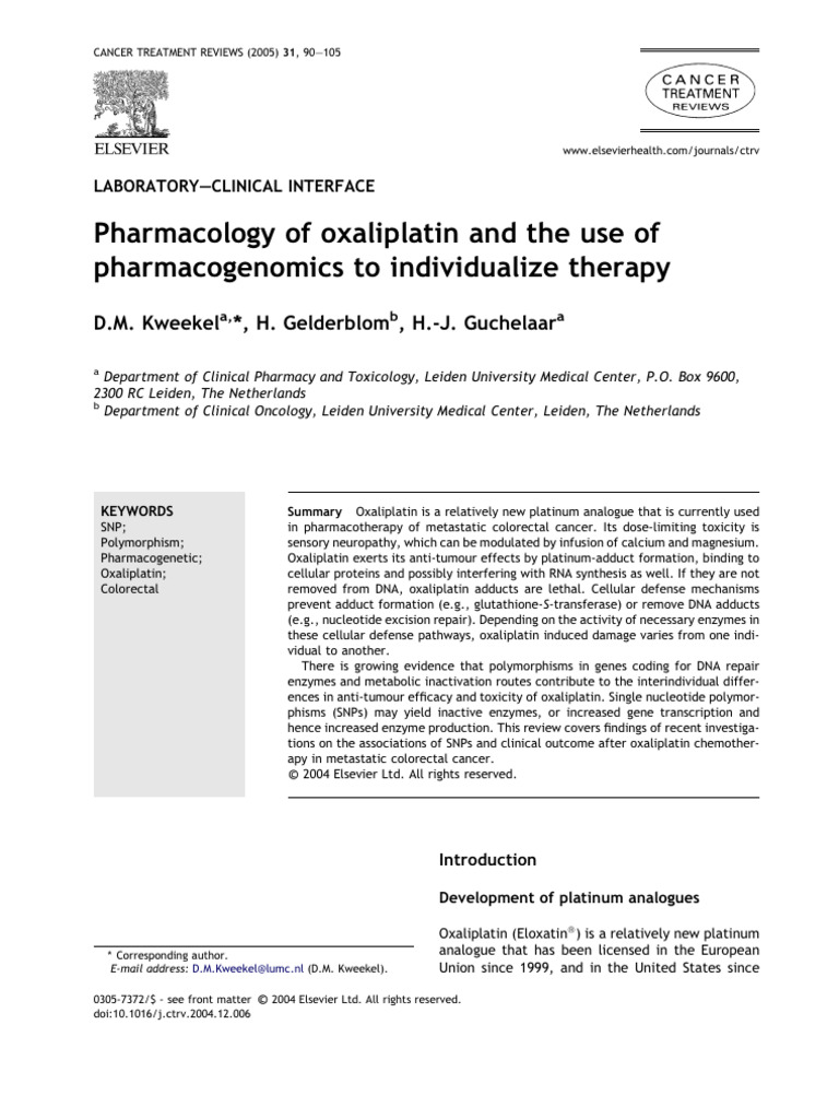Oxaliplatin Pharmacogenomics in Cancer Therapy | PDF | Single ...