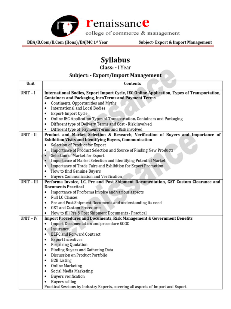 Export and Import Management Syllabus | PDF | Trade | Business
