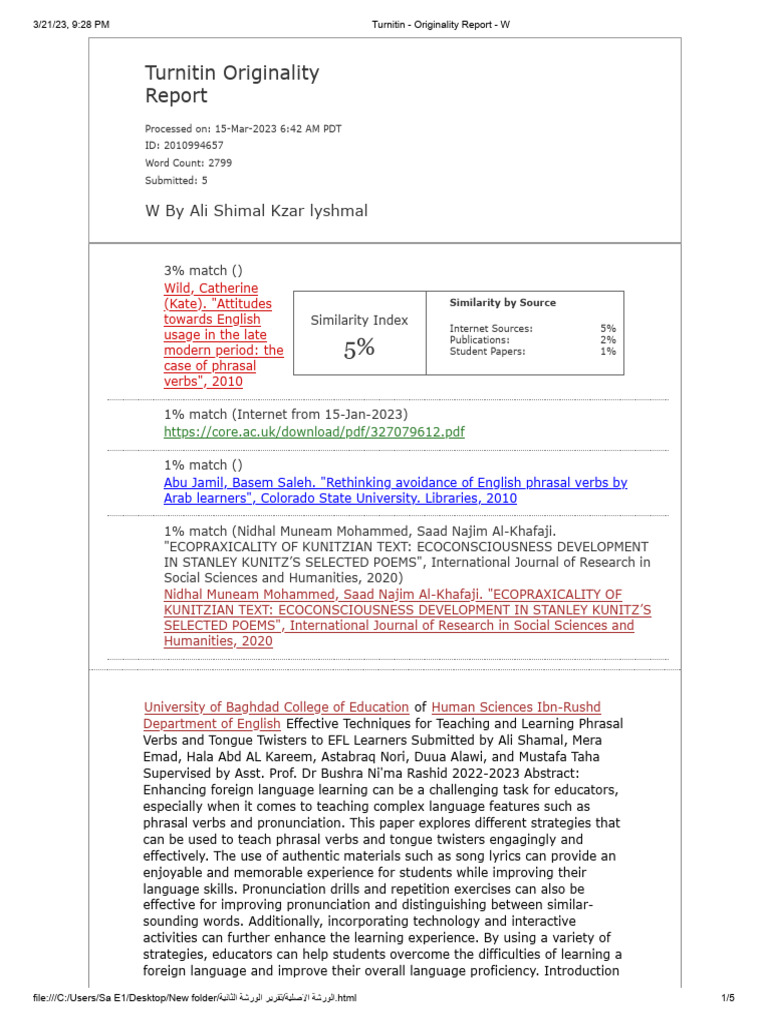 Turnitin originality report w pdf phrase verb