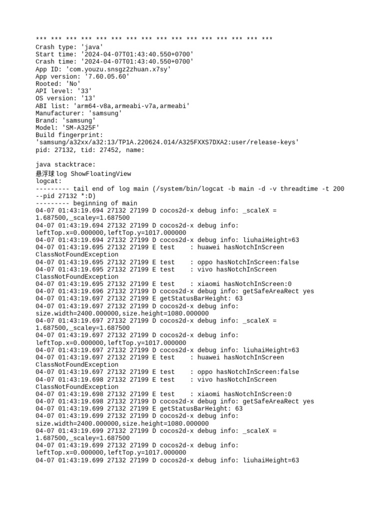 Java Crash Report for Samsung App | PDF | Java (Programming Language ...