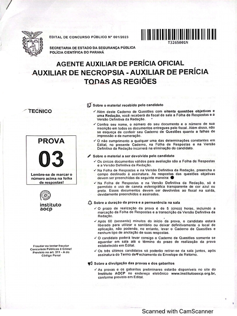 Prova Agente Auxiliar de Pericia Oficial Policia Cientifica PR 1 ...