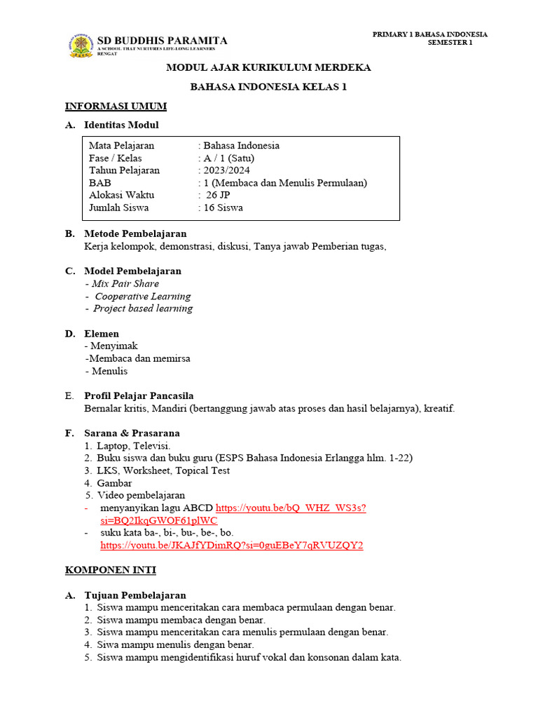 Modul Ajar Bahasa Indonesia Kelas 1 | PDF | Karier & Perkembangan