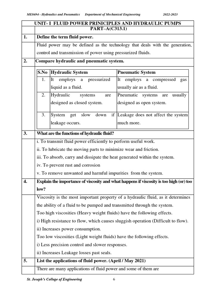ME8694 Hydraulics and Pneumatics Department of Mechanical Engineering