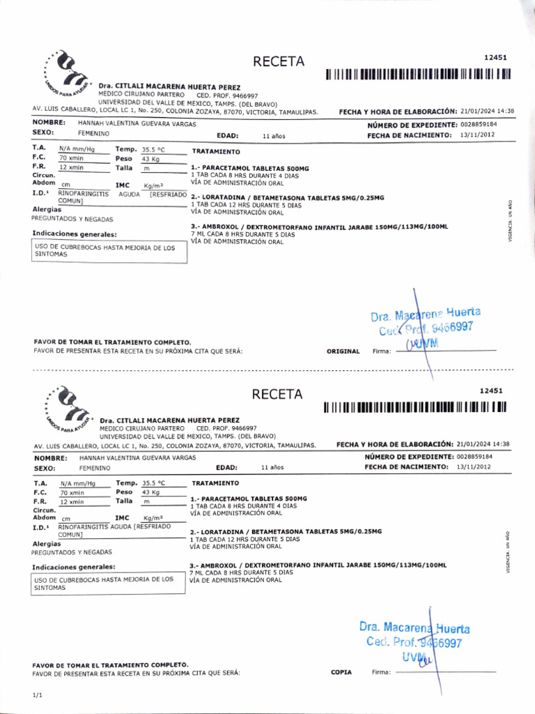 Receta médica para rinofaringitis aguda | PDF | Tratamientos médicos