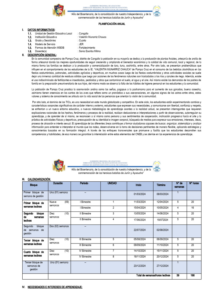 Plan Anual Educativo Cangallo 2024 | PDF | Evaluación | Aprendizaje