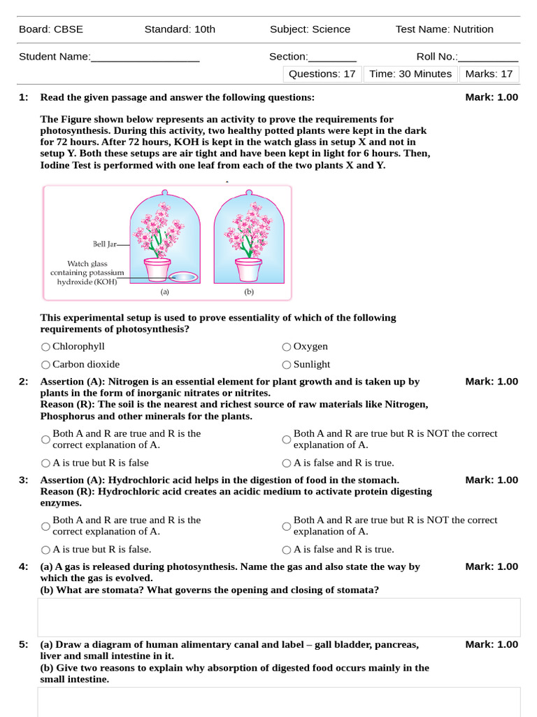 Class 10 Nutrition Test Pdf Digestion Small Intestine