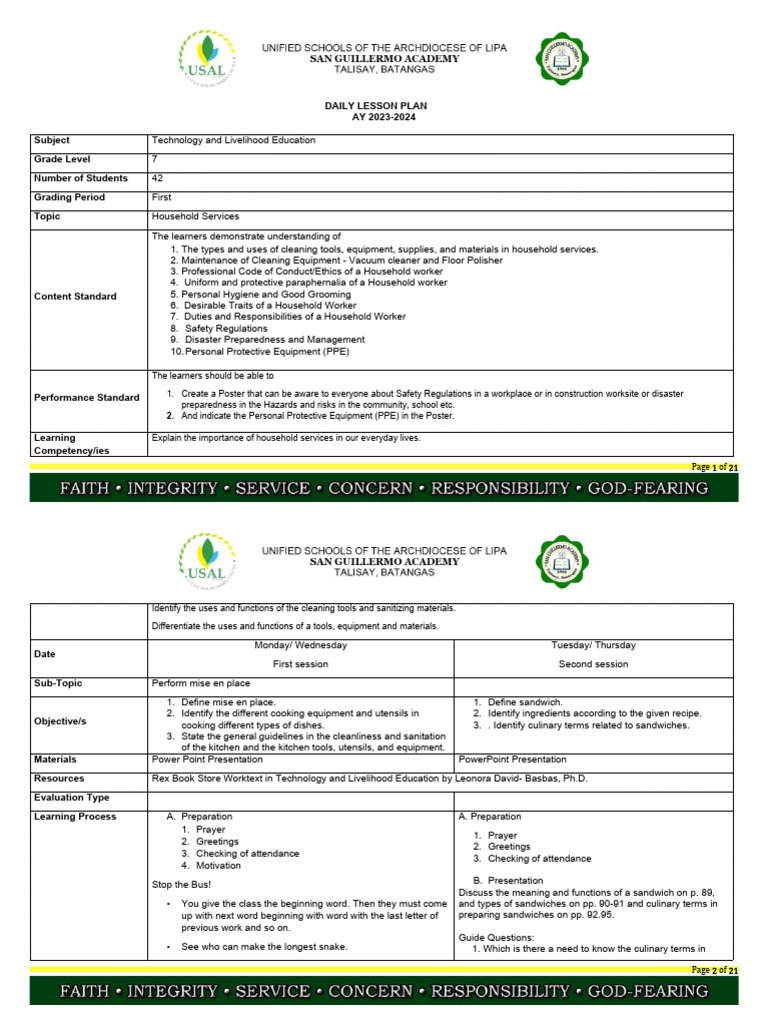 Grade 7 TLE Lesson Plan: Household Services | PDF | Learning | Fruit ...