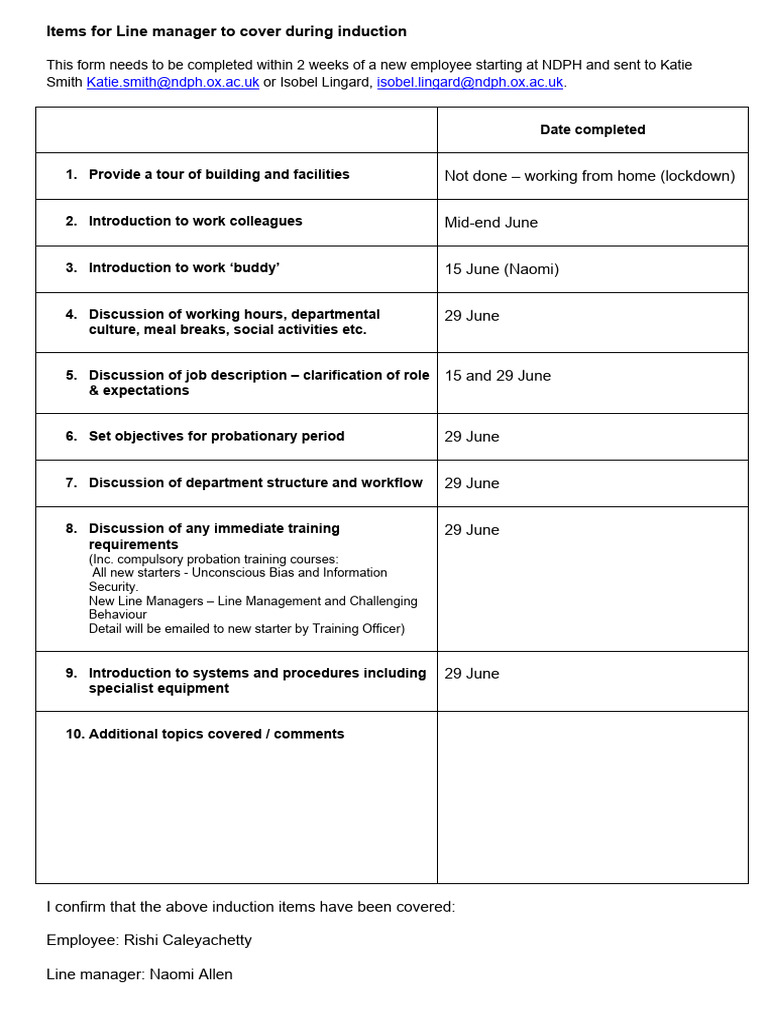 Line Manager - Induction Responsibilities - RC | PDF