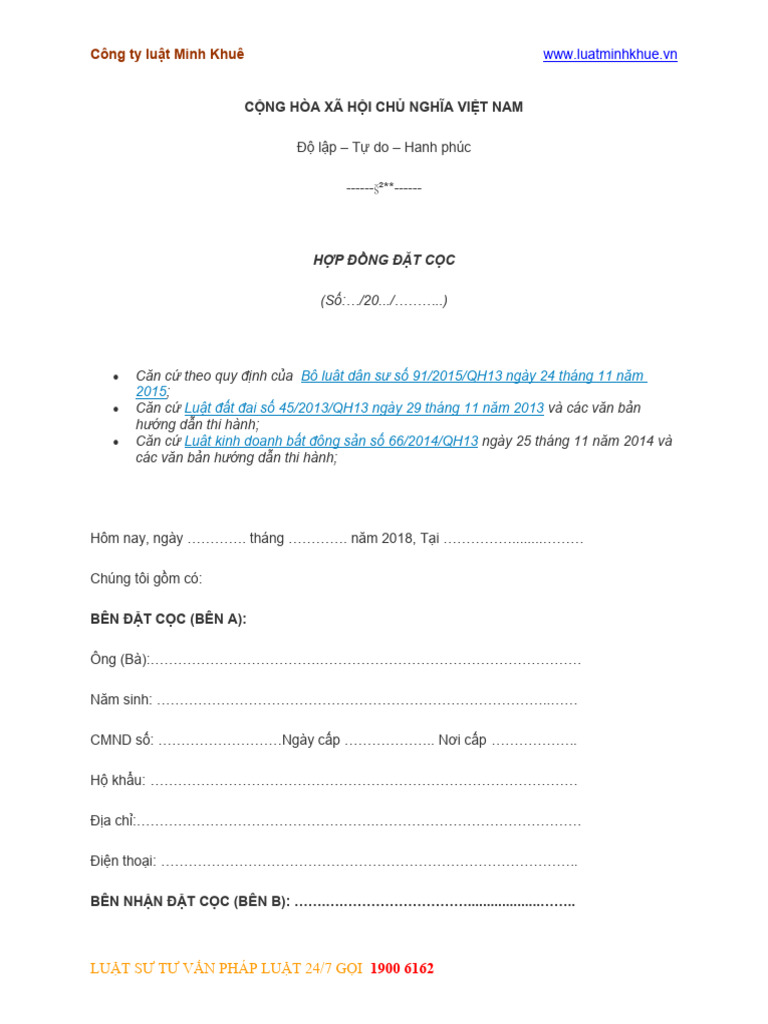 Mau Hop Dong Dat Coc Mua Dat Phan Lo | PDF