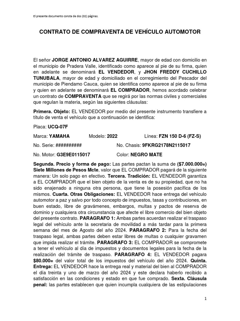 Contrato de Compraventa de Motocicleta | PDF | Negocios | Finanzas y dinero
