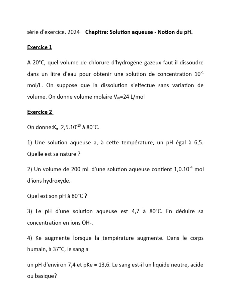Exercices sur le pH et solutions aqueuses | PDF | Ph | Acide