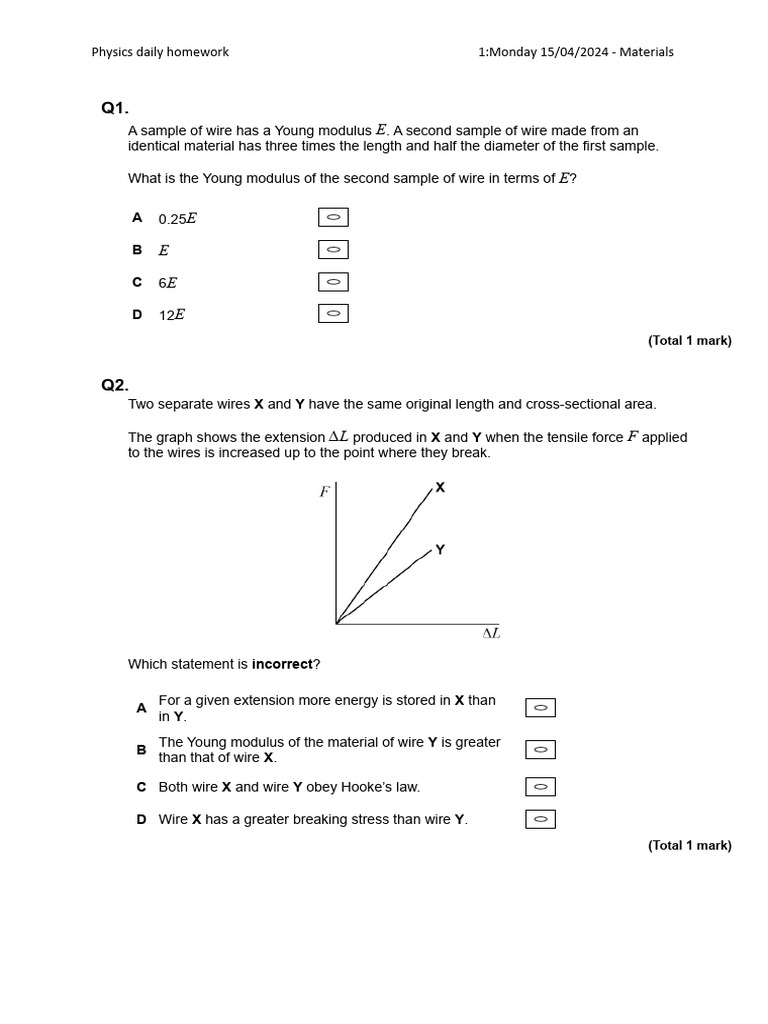 Physics Homework: Young Modulus Problems | PDF | Young's Modulus ...