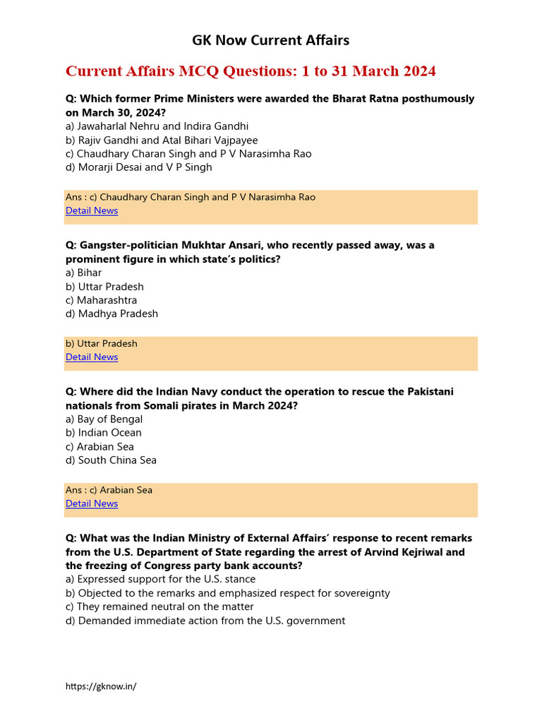 March 2024 Current Affairs MCQs | PDF