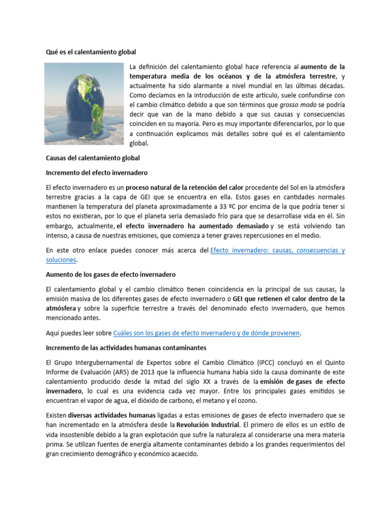 Causas y Consecuencias del Calentamiento Global | PDF | Gases de efecto ...