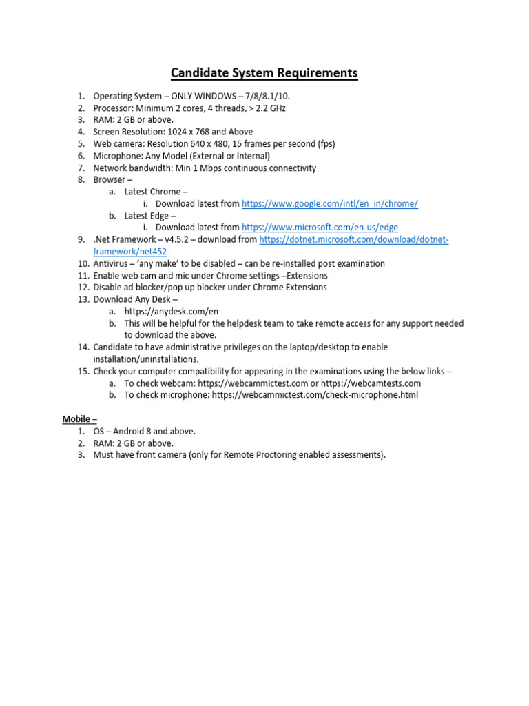 Candidate System Requirements for Exams | PDF