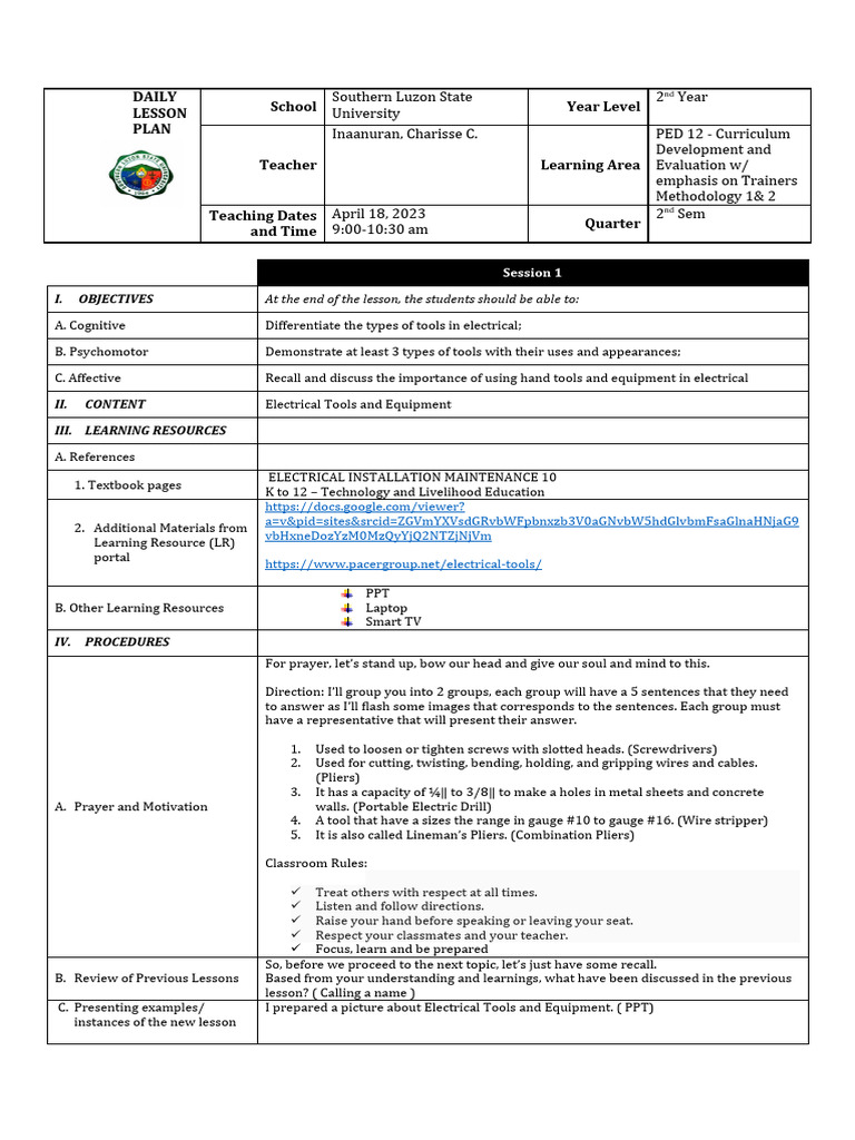 ElectricalToolsandEquipmentLessonPlan PDF Screw Wire