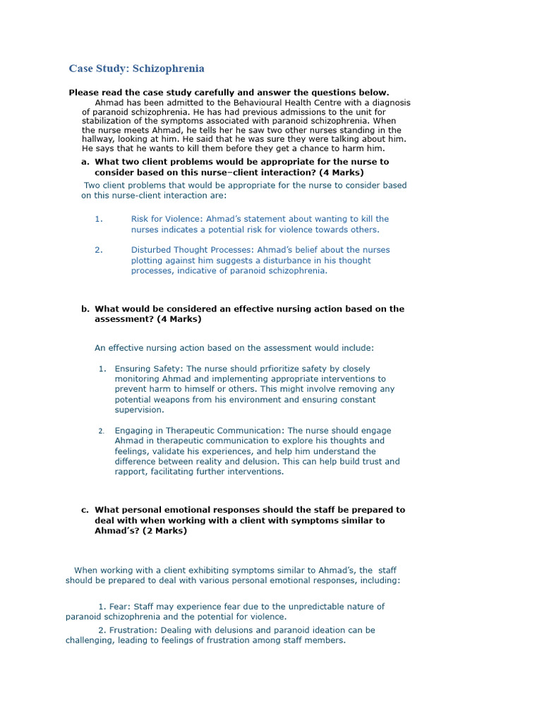 Paranoid Schizophrenia Case Study Analysis | PDF | Paranoia | Nursing