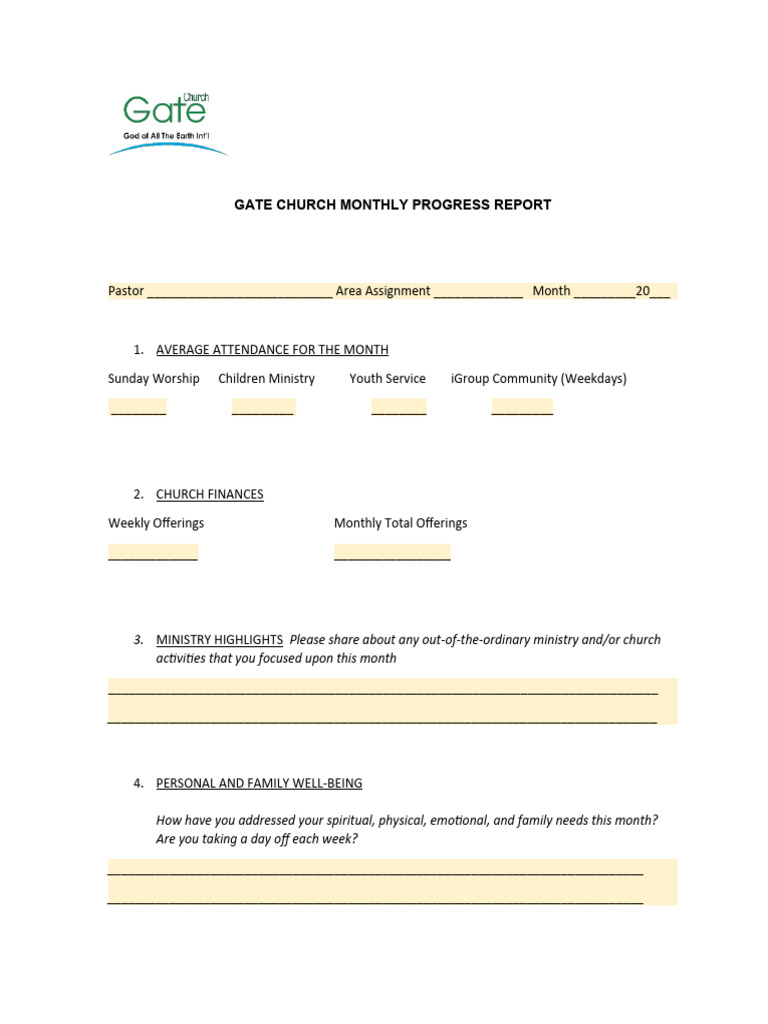 Pastors Monthly Report Form PDF