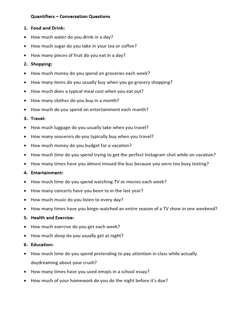 Quantifiers Conversation Questions PDF