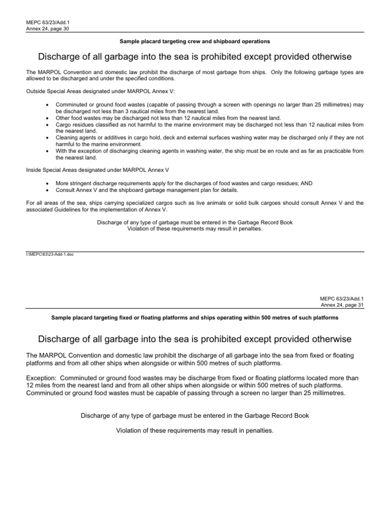 MARPOL Garbage Discharge Regulations | PDF | Shipping