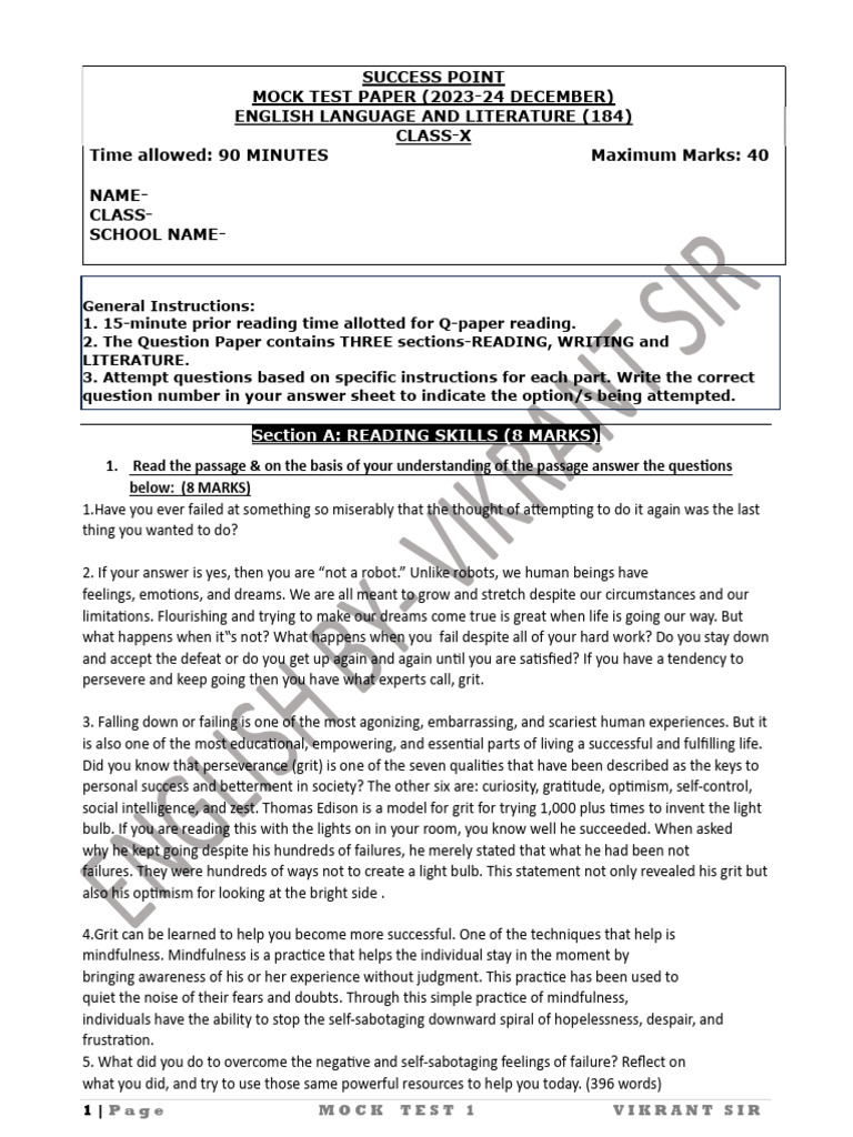 Class X English Mock Test Paper 2023-24 | PDF | Career & Growth ...