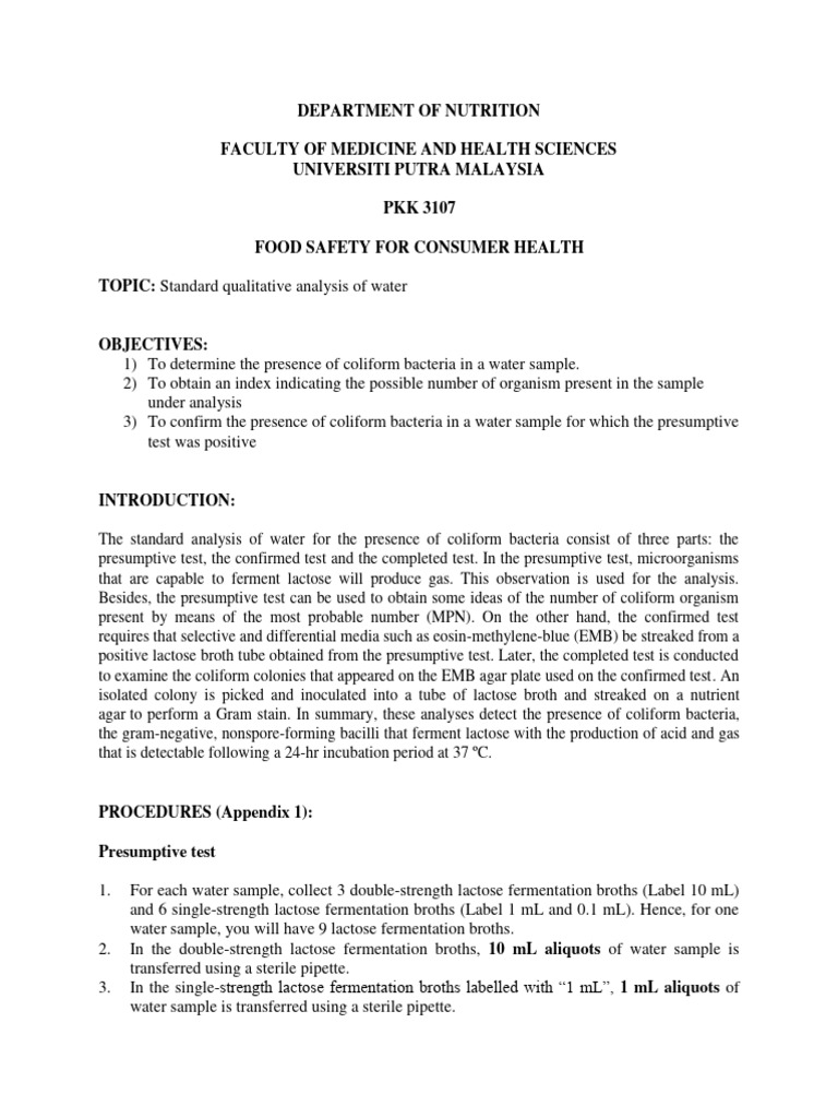 Water Analysis Lab Manual PDF Microbiology Biology