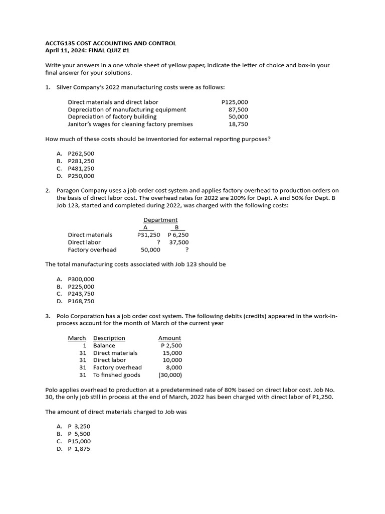 Cost Accounting Quiz and Problems | PDF | Technology & Engineering