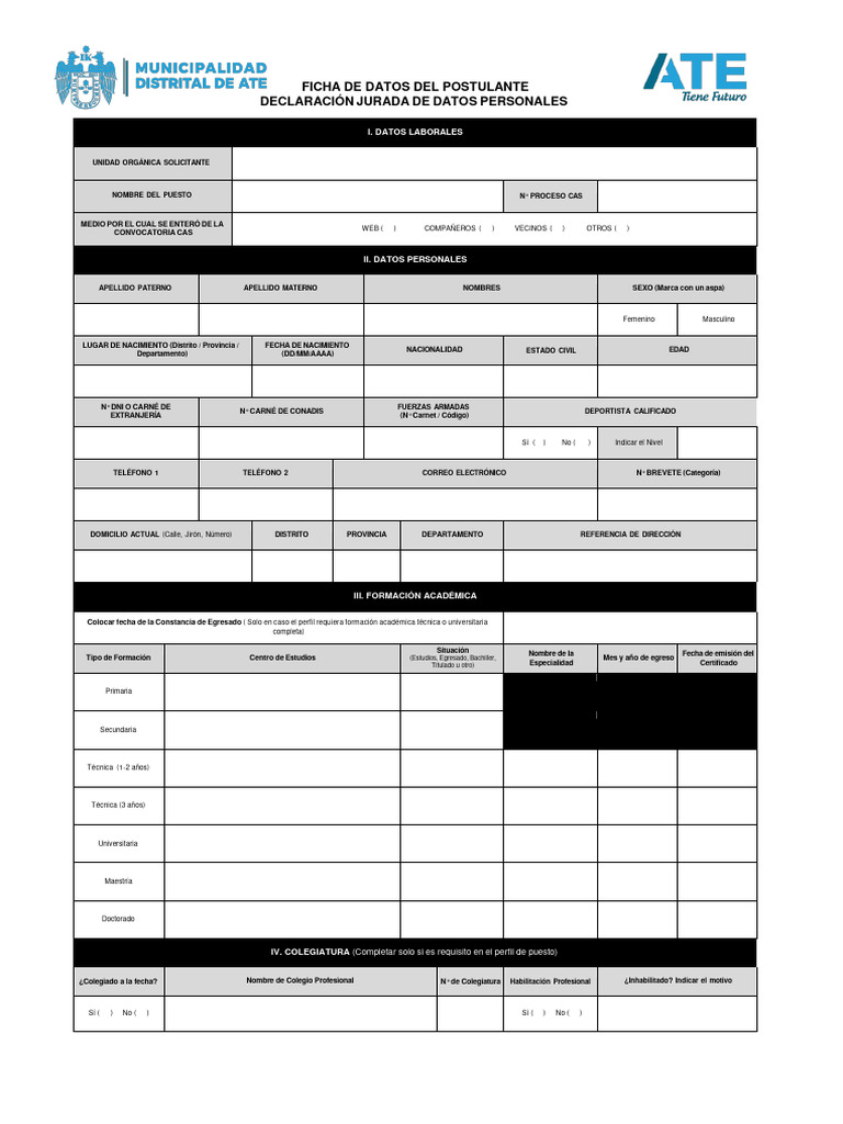 Ficha De Datos Del Postulante Cas 001 2024 Mda Pdf Documento De