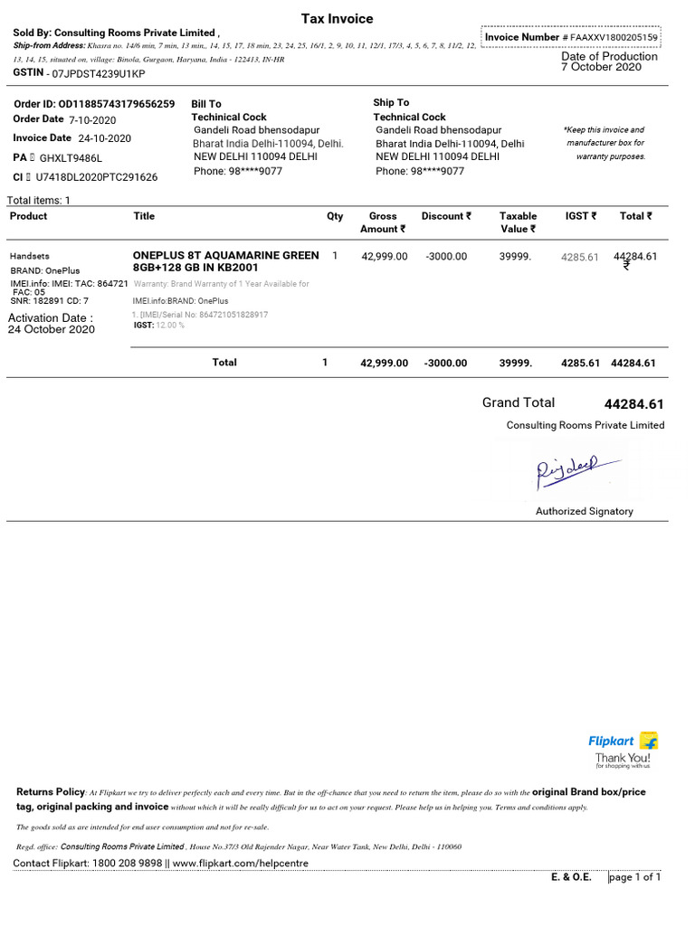 Invoice for OnePlus Purchase | PDF | Government Finances | Taxes