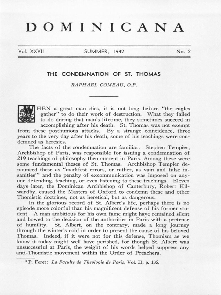 Condemnation of St. Thomas' Teachings | PDF | Thomas Aquinas | Thomism