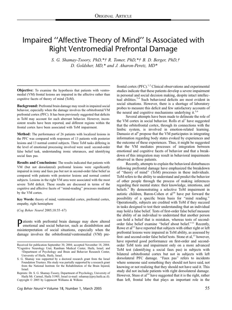 Impaired affective theory of mind is associated with right ventromedial