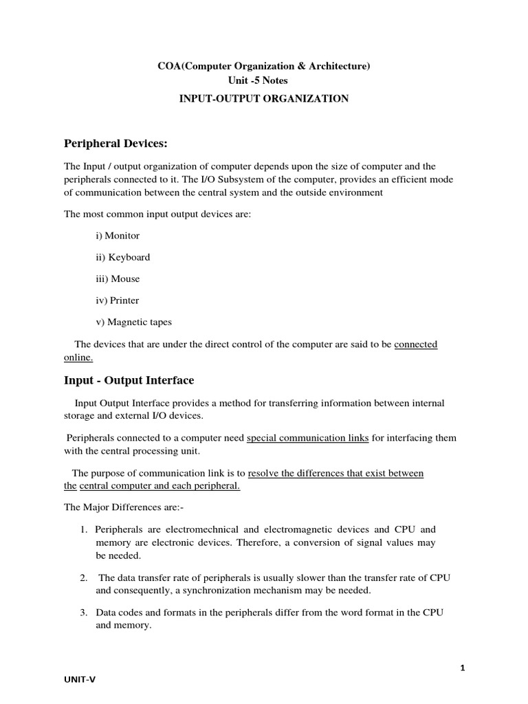 COA Unit 5 Notes | Download Free PDF | Input/Output | Central ...
