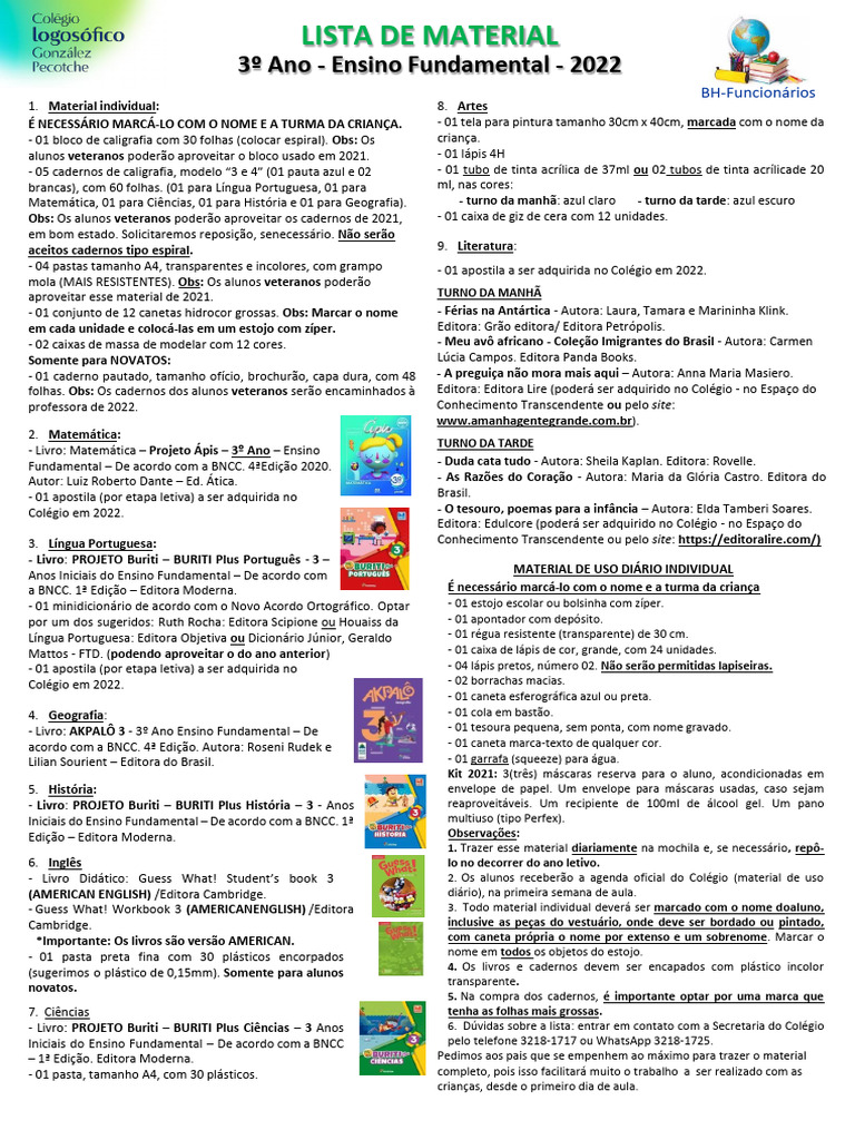 3o Ano Do Fundamental Lista de Material 2022 | Download grátis PDF | Caneta