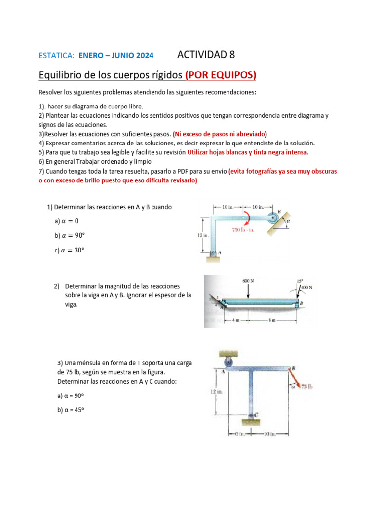 Equilibrio de Cuerpos Rígidos: Problemas y Soluciones | PDF