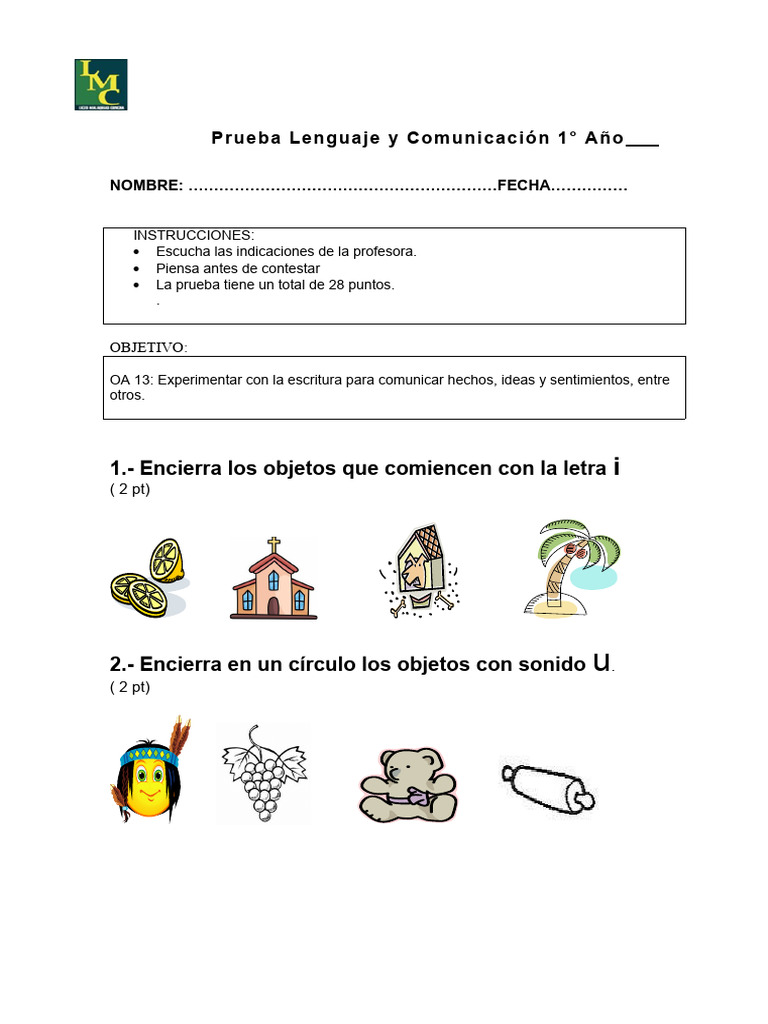 Prueba Las Vocales | PDF | Artes del Lenguaje y Comunicación