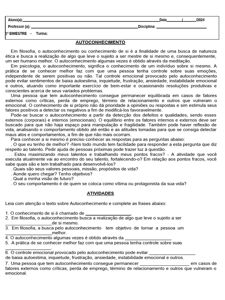 Autoconhecimento - Atividades - Turma 8-9 | Download grátis PDF ...