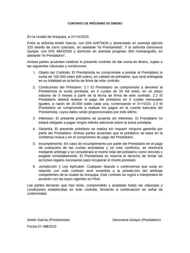 CONTRATO DE PRESTAMO DE DINERO | PDF | Derecho privado