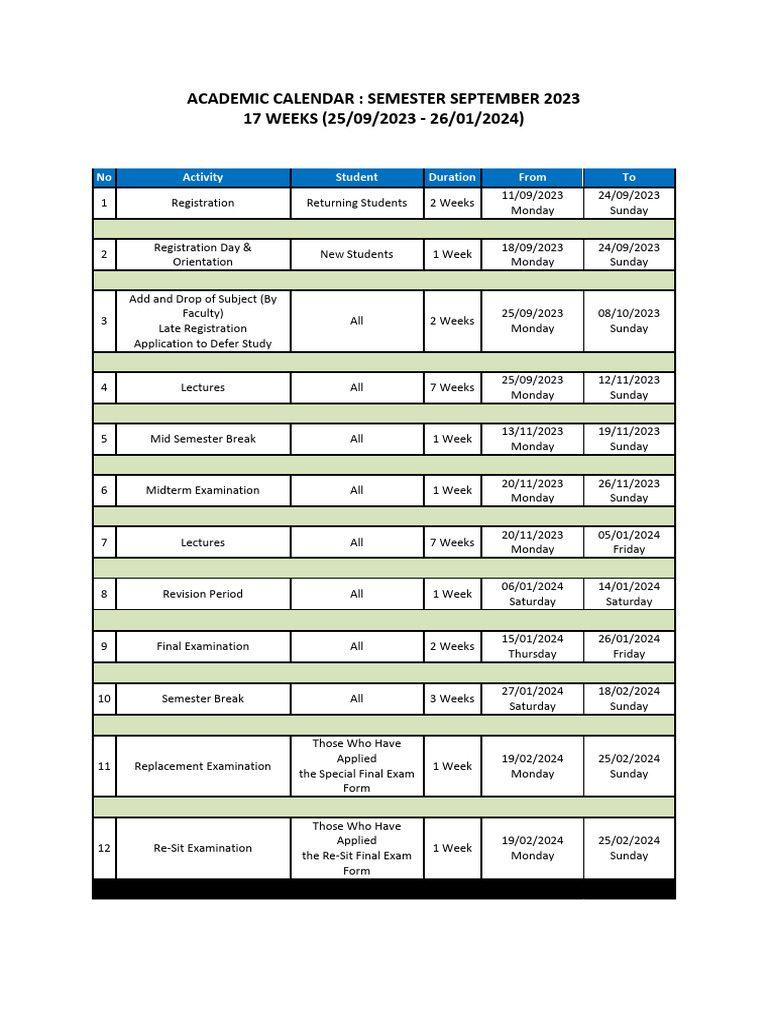 Academic Calendar Semester September 2023 | PDF | Academic Term ...