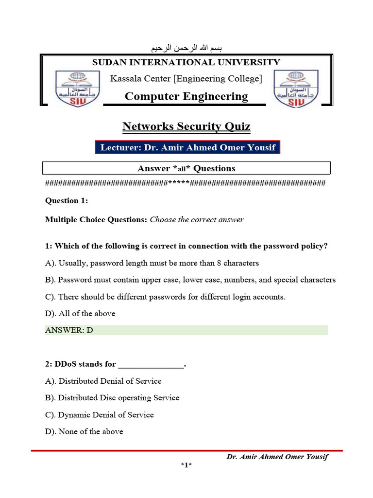 Networks Security Quiz - March 2024 With Answers | PDF | Phishing ...