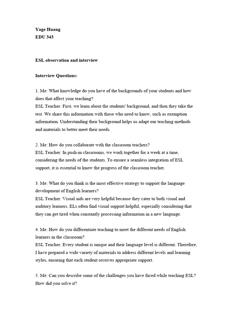 Esl Observation Pdf English As A Second Or Foreign Language Learning