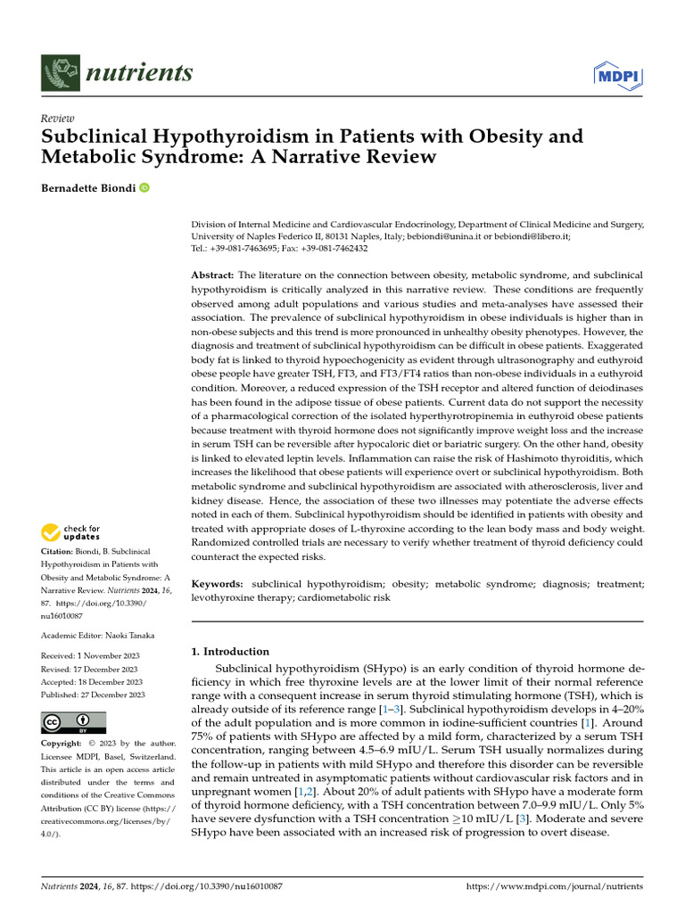 Subclinical hypothyroidism in patients with obesity and metabolic