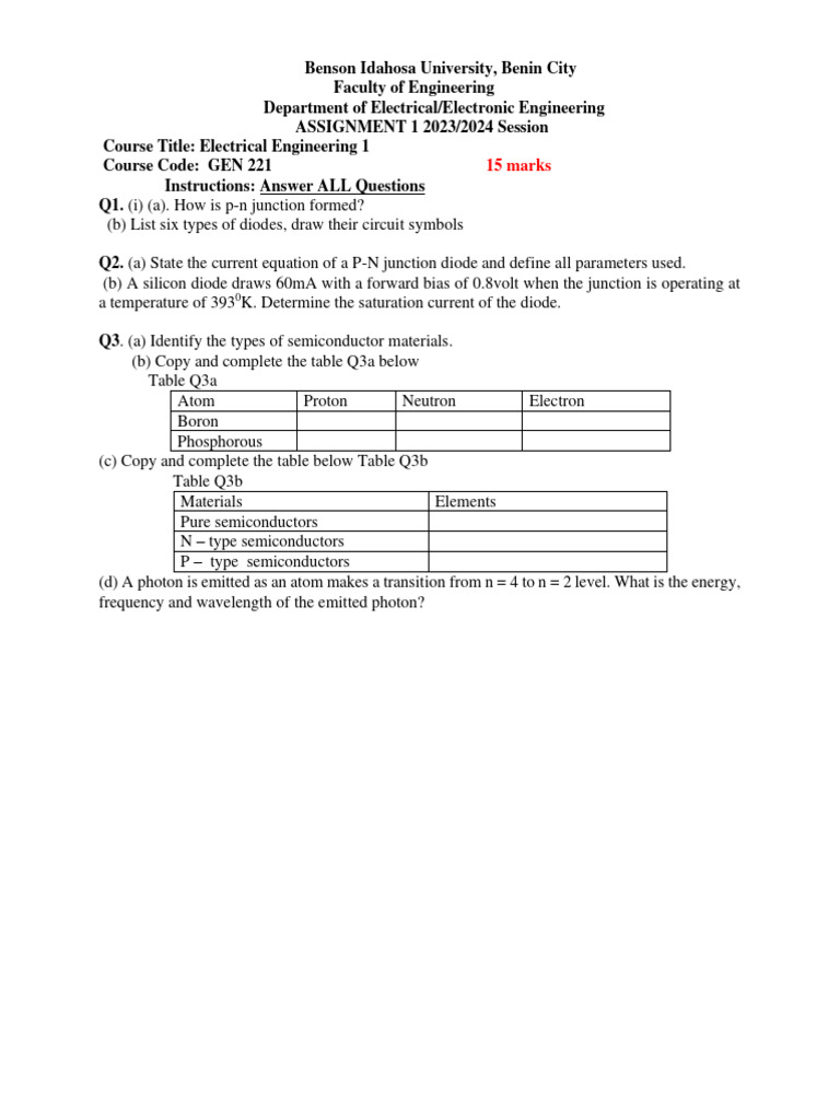Electrical Engineering Assignment GEN 221 | PDF