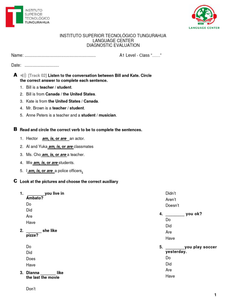 A1 Level English Diagnostic Evaluation | PDF