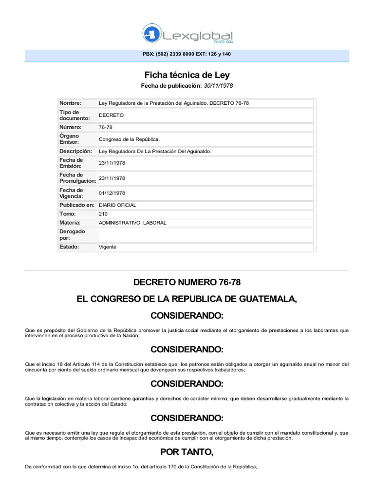 Ley del Aguinaldo en Guatemala 1978 | PDF | Derecho laboral | Salario