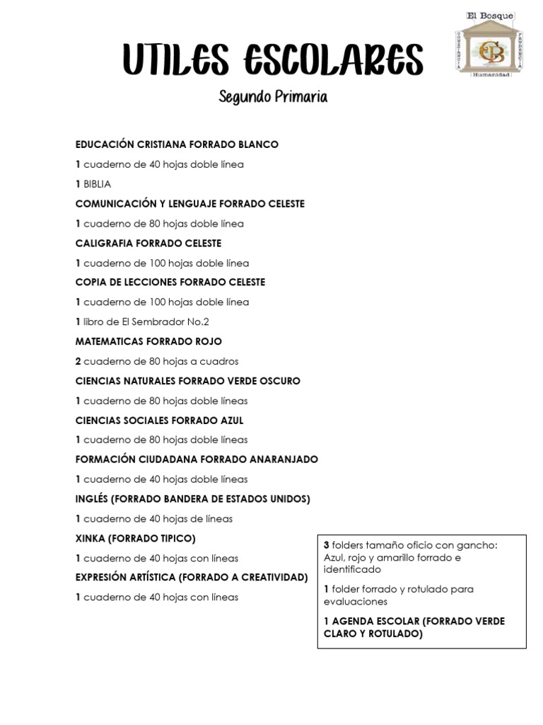 Lista de útiles para segundo grado | PDF | Cuaderno | Arco iris