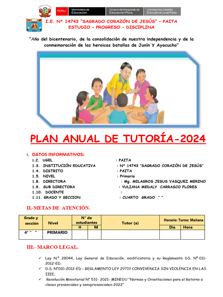 Plan Anual de Tutoría 2024 - Primaria | PDF | Aprendizaje | Maestros