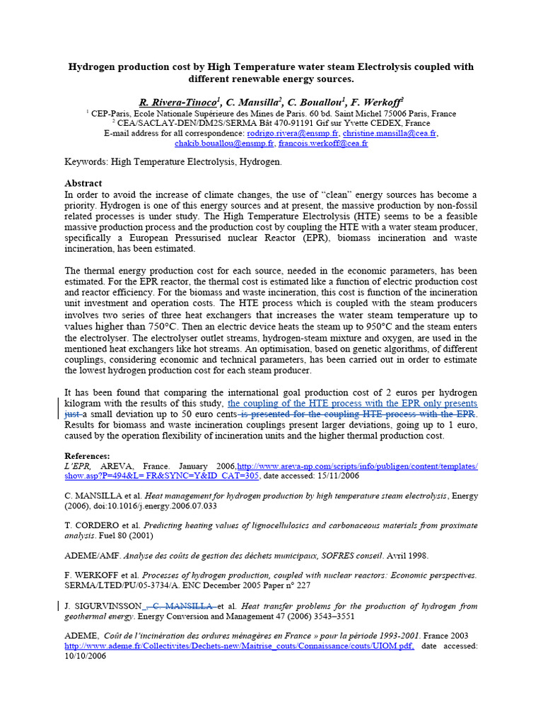 Hydrogen Production Cost by High Temperature Water Steam Electrolysis ...