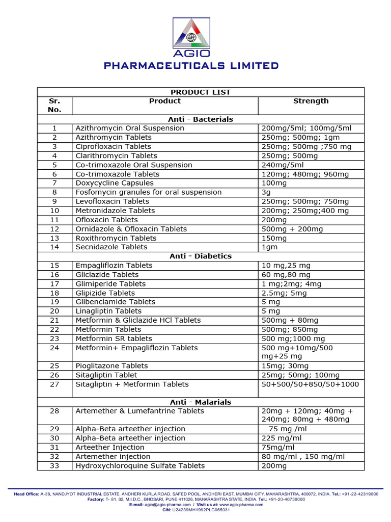 Agio Product List DT 02 06 2023 PDF Magnesium Pharmacology