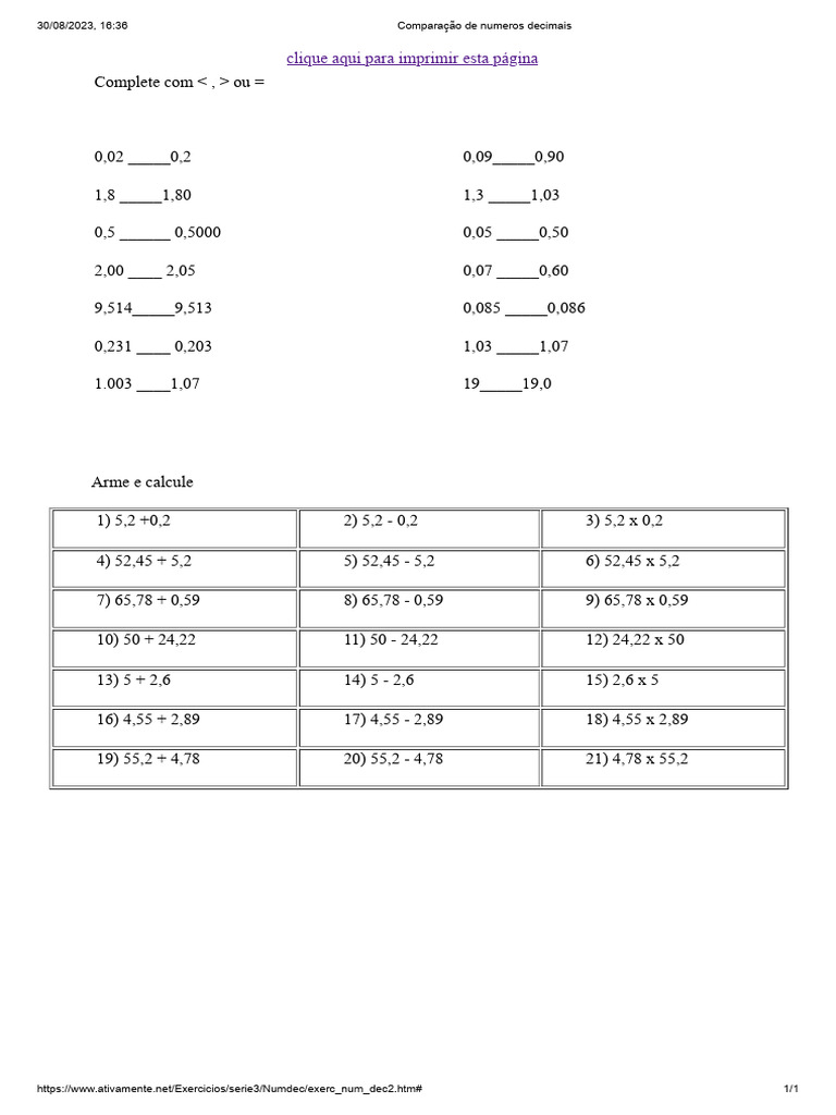 Comparação de Numeros Decimais | PDF